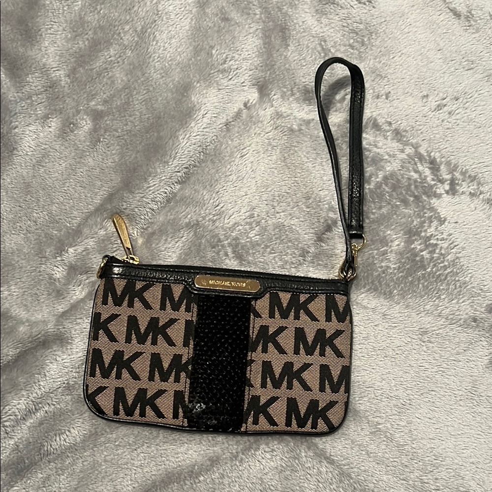 Michael Kors Monogram Black and Tan Wristlet